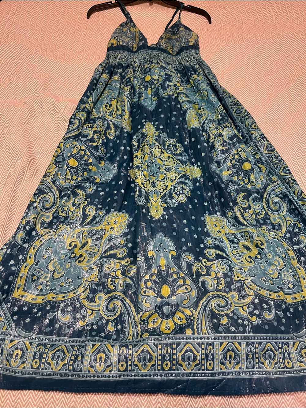Signature JMB Boho Floral Paisley Smocked Maxi Dress in Blue & Yellow. Size Med.